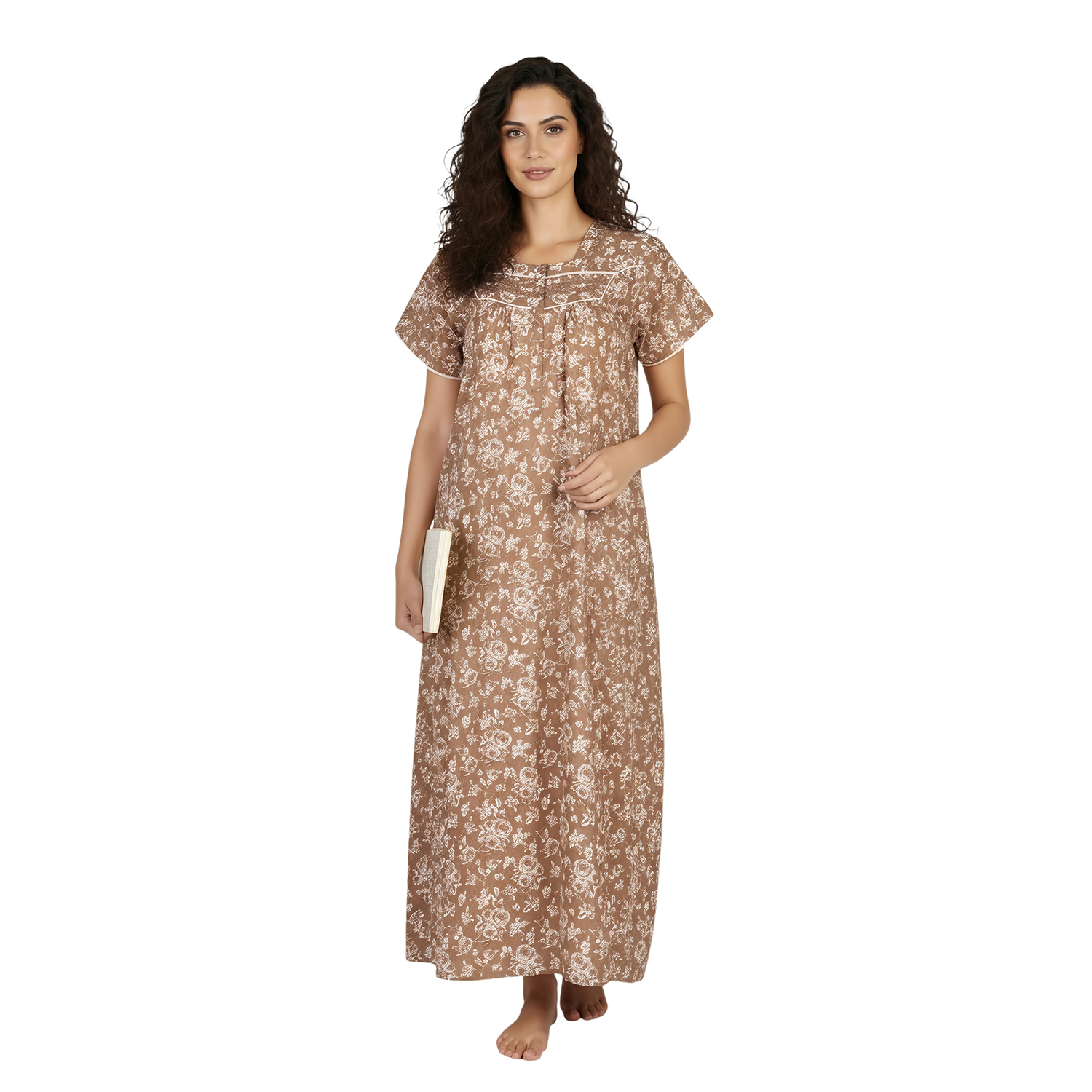 JSS 13002 COL 1_6 JSS 13002 - Printed Poly-Viscose Nighty for Women – Square Neck, Half Sleeves - Image 1