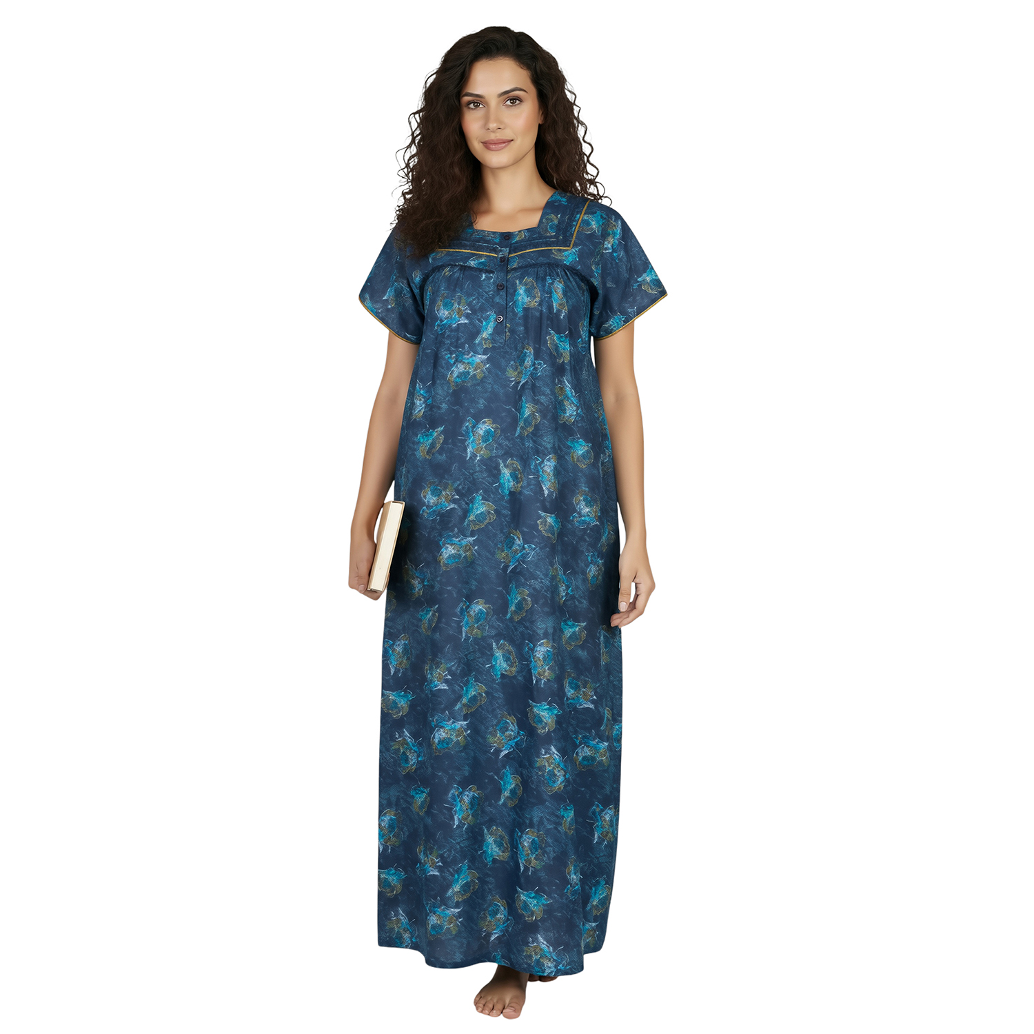 JSS 13003 COL 3_6 JSS 13003 - Printed Poly-Viscose Nighty for Women – Square Neck, Half Sleeves - Image 1