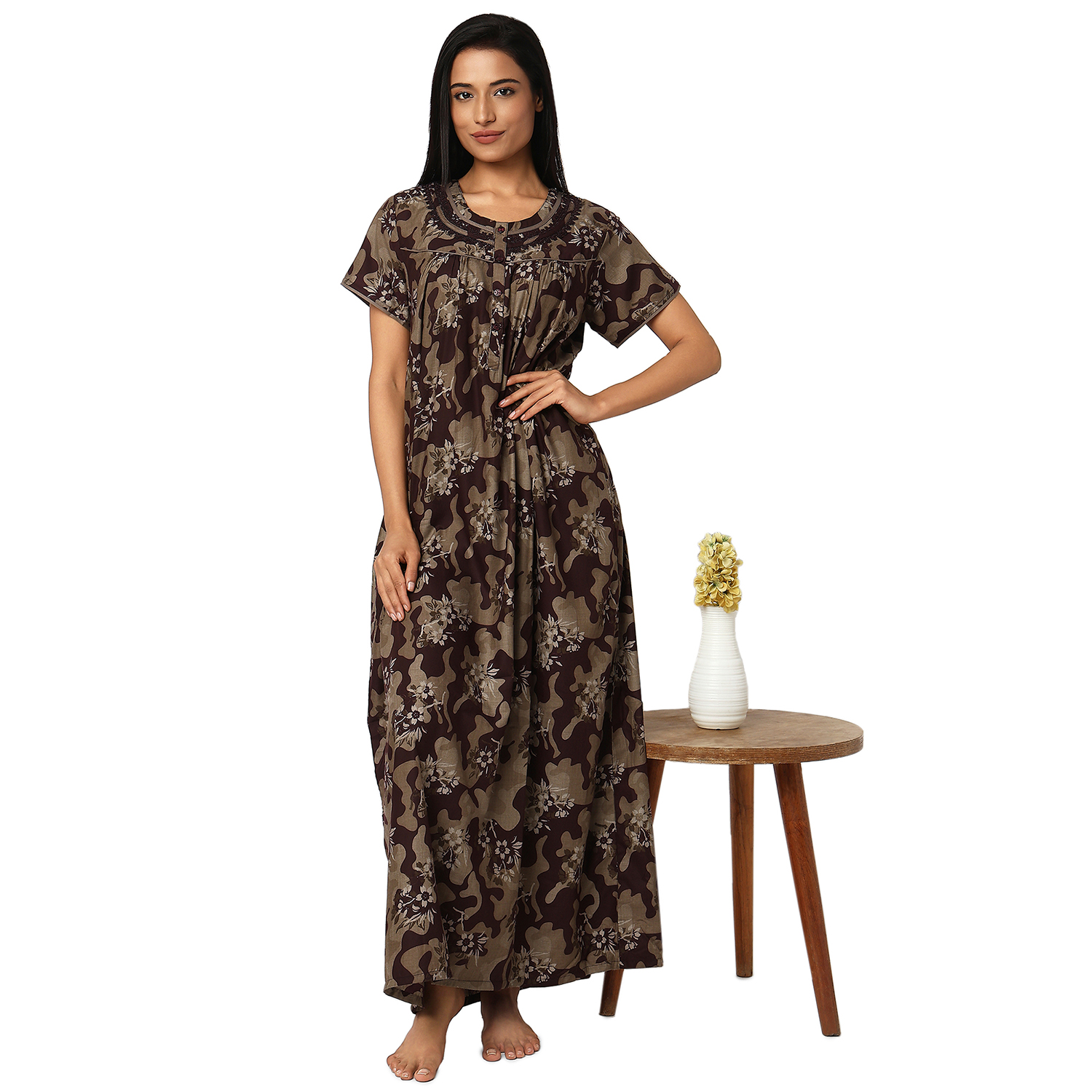JSS11079COFFE (6) JSS 11079-Printed Poly Viscose Nighty Round Neck Half Sleeves - Image 1