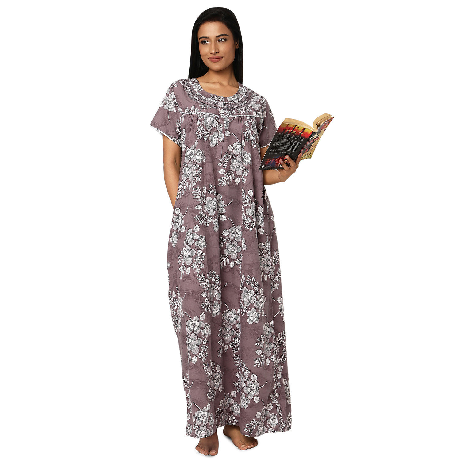 JSS11085COFFE (6) JSS 11085-Printed Poly Viscose Nighty Round Neck Half Sleeves - Image 1