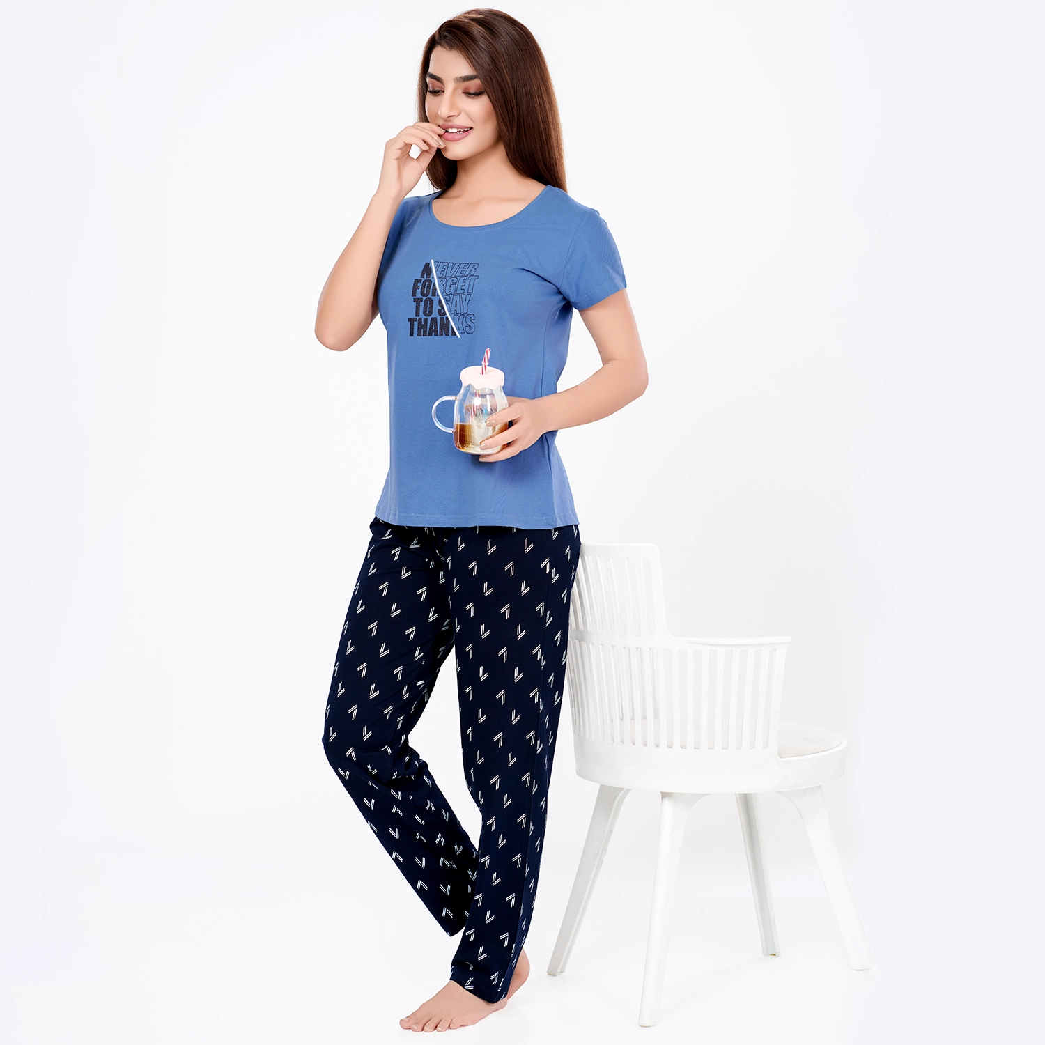 R-PJ-19703 (6) R-PJ-19703 Blue Thankful Touch- Nightwear-Night Suit - Image 1