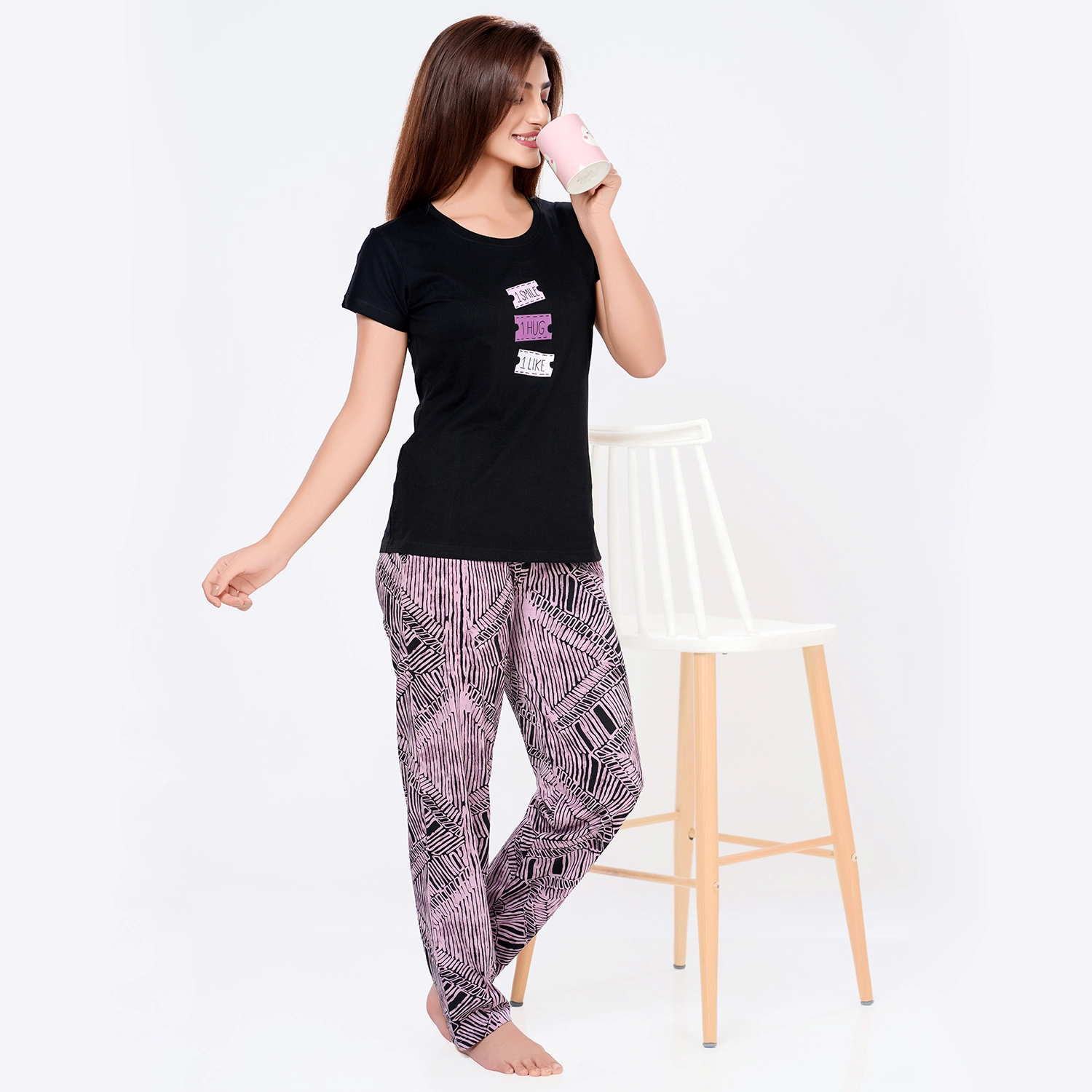 R-PJ-19722 (1) R-PJ-19722 Black Night Of Smiles- Nightwear-Night Suit - Image 1