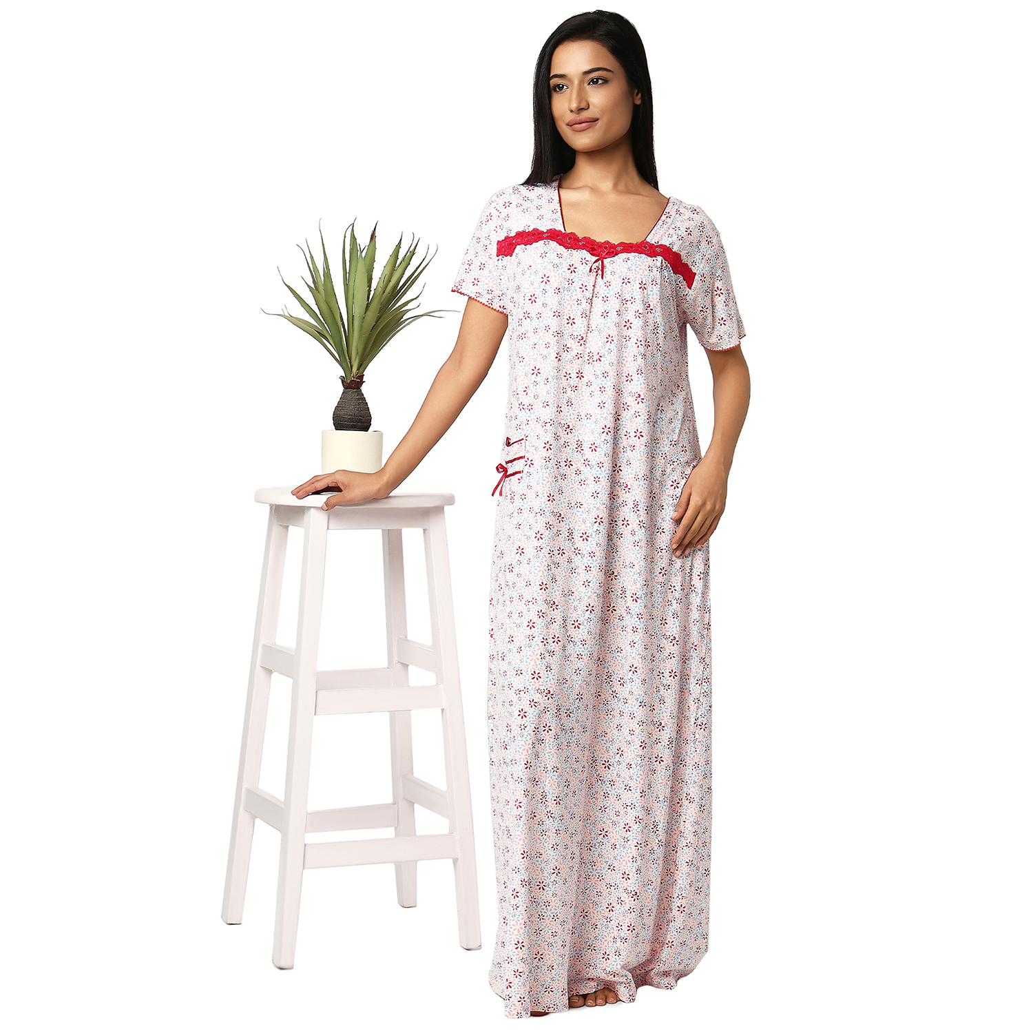 SCH420112CREAM (6) SCH 420112-Printed Cotton Knit Nighty Square Neck Half Sleeves - Image 1